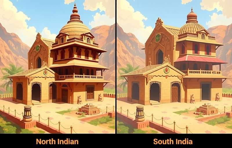 Cumin Rise Dominator - Regional Variations Comparison of regional village styles in Cumin Rise Dominator showing North Indian and South Indian architecture