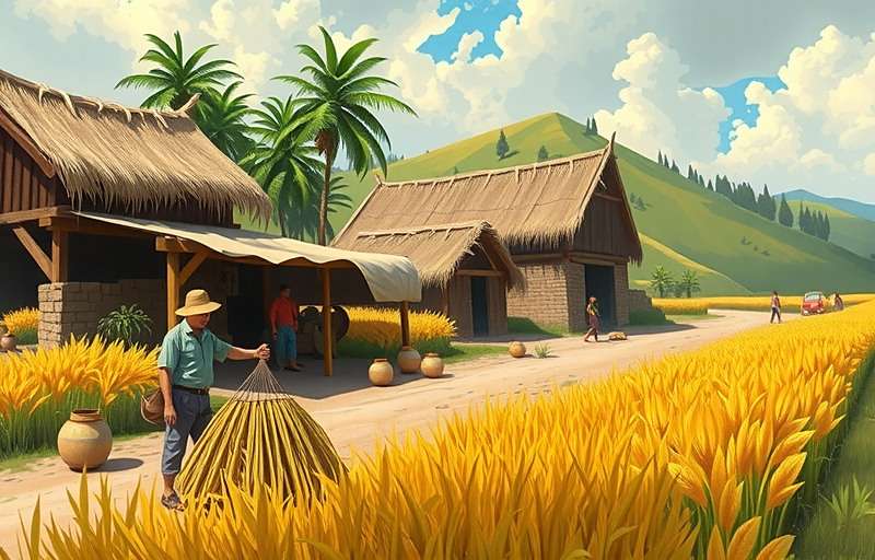 Cumin Rise Dominator - Village Life Cumin Rise Dominator village scene with farmers working in fields and traders in market